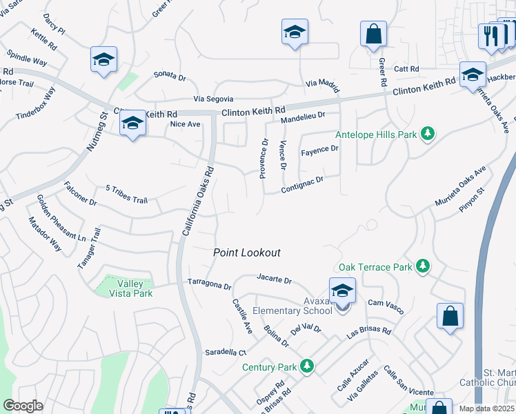 map of restaurants, bars, coffee shops, grocery stores, and more near 36369 Provence Drive in Murrieta
