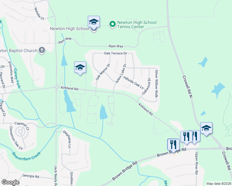 map of restaurants, bars, coffee shops, grocery stores, and more near 20 Arbor Lake Drive in Covington