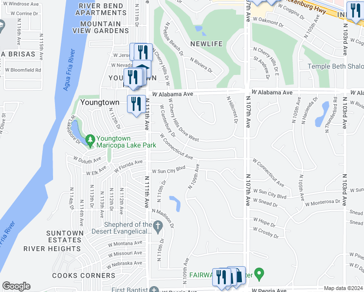 map of restaurants, bars, coffee shops, grocery stores, and more near 10901 West Canterbury Drive in Sun City