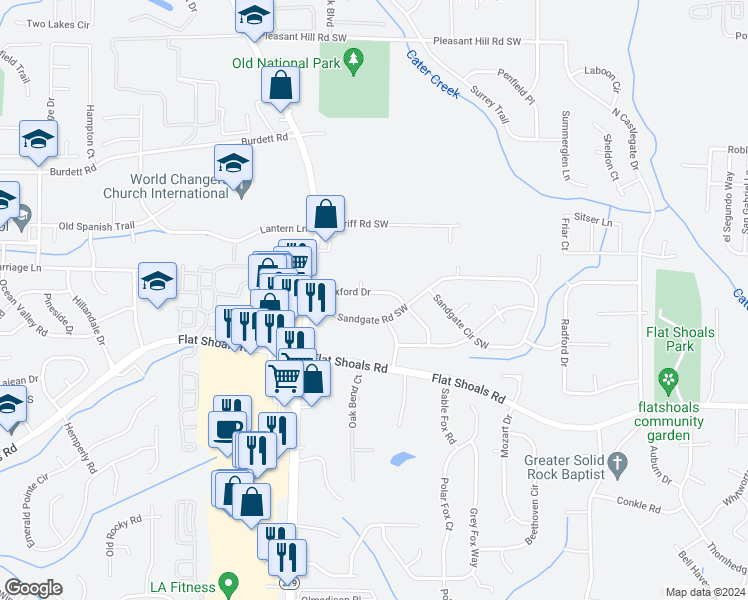 map of restaurants, bars, coffee shops, grocery stores, and more near 2320 Wexford Drive in College Park