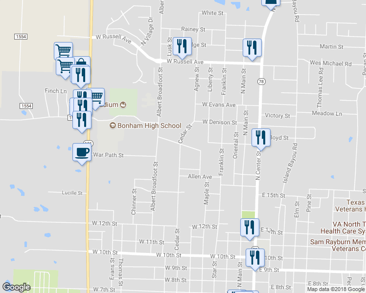 map of restaurants, bars, coffee shops, grocery stores, and more near 515 Lee Street in Bonham