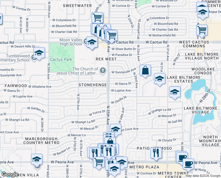 map of restaurants, bars, coffee shops, grocery stores, and more near 3443 West Sierra Street in Phoenix