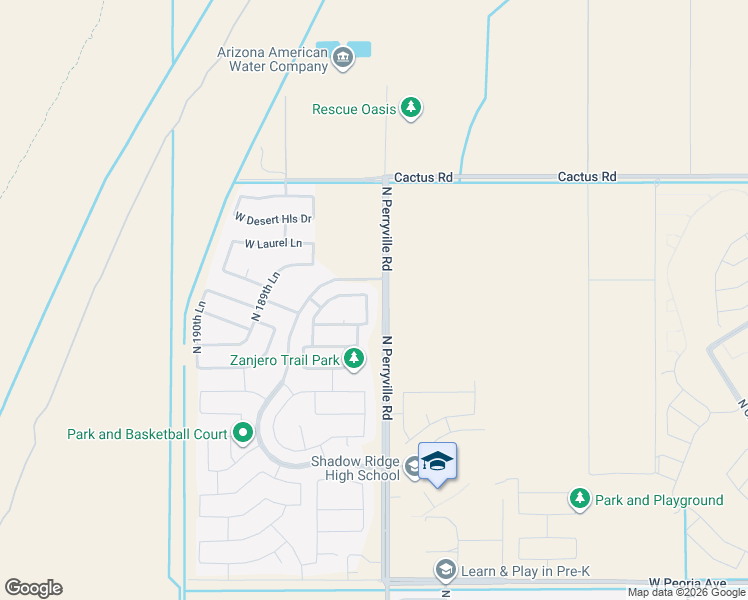 map of restaurants, bars, coffee shops, grocery stores, and more near 18748 West Canterbury Drive in Waddell