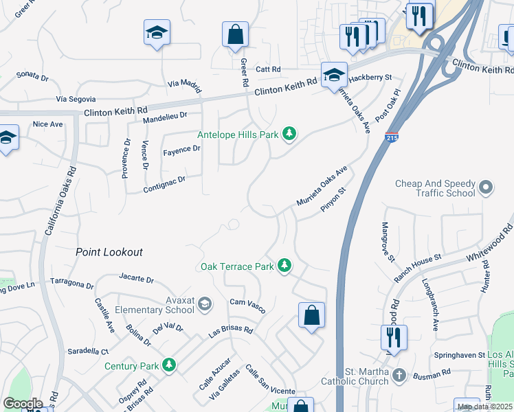 map of restaurants, bars, coffee shops, grocery stores, and more near 27123 Coral Bells Way in Murrieta
