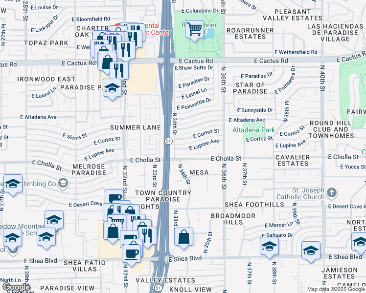 map of restaurants, bars, coffee shops, grocery stores, and more near 3410 East Lupine Avenue in Phoenix