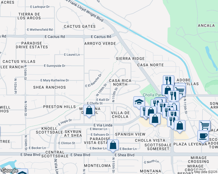 map of restaurants, bars, coffee shops, grocery stores, and more near 10963 East Altadena Drive in Scottsdale