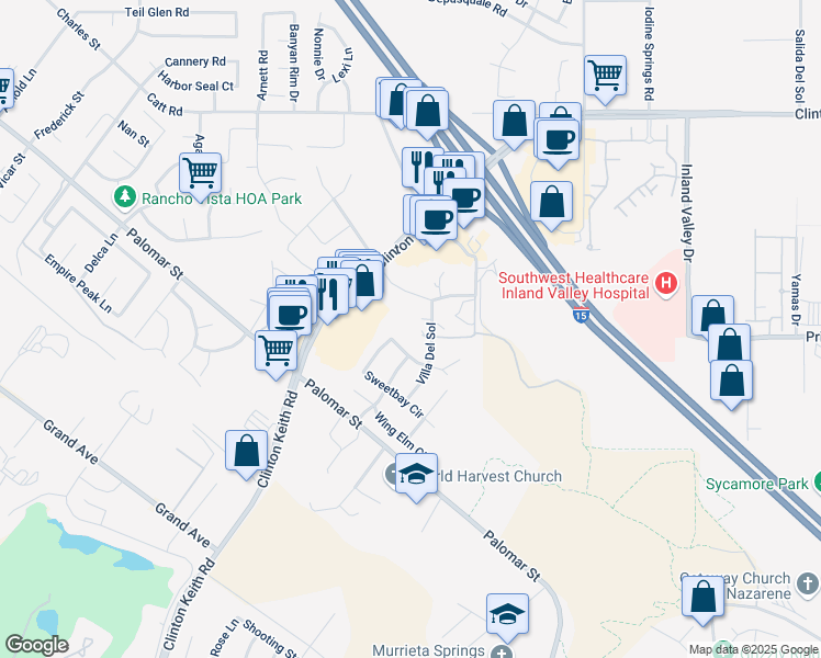 map of restaurants, bars, coffee shops, grocery stores, and more near 36489 Villa Del Sol in Wildomar