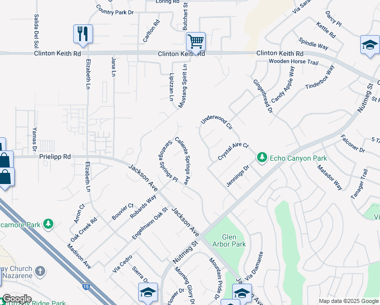 map of restaurants, bars, coffee shops, grocery stores, and more near 23412 Caliente Springs Avenue in Murrieta