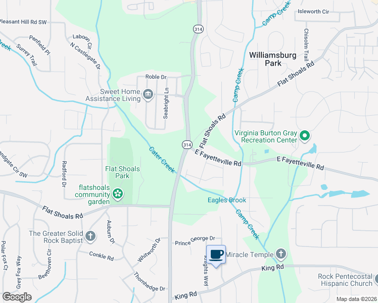 map of restaurants, bars, coffee shops, grocery stores, and more near 6036 West Fayetteville Road in Riverdale