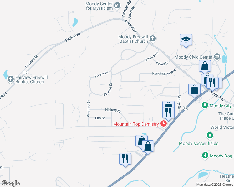 map of restaurants, bars, coffee shops, grocery stores, and more near 2028 Queens Court in Moody
