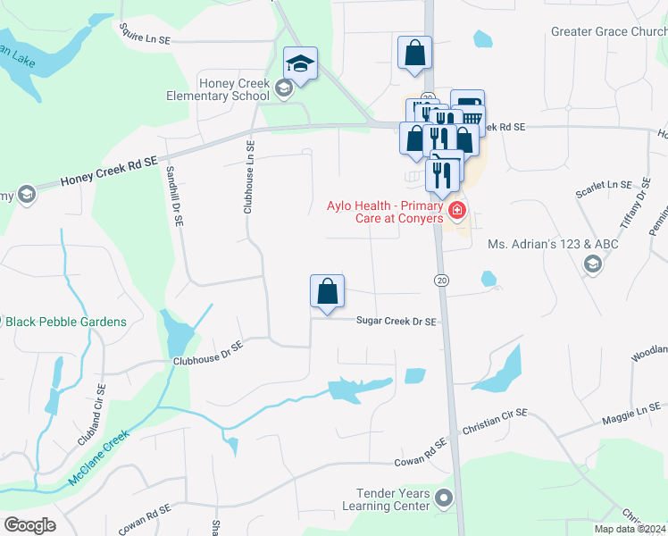 map of restaurants, bars, coffee shops, grocery stores, and more near 3715 Sweet Briar Court Southeast in Conyers