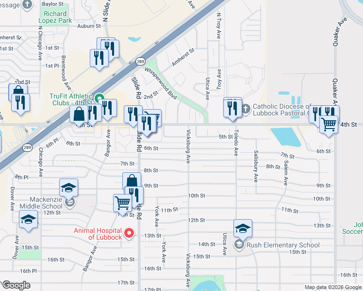 map of restaurants, bars, coffee shops, grocery stores, and more near 4909 5th Street in Lubbock
