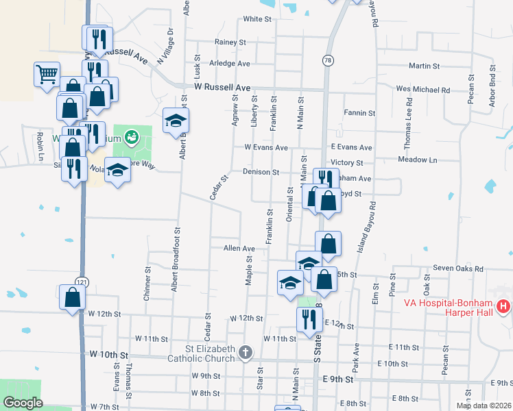 map of restaurants, bars, coffee shops, grocery stores, and more near 319 West Boyd Street in Bonham