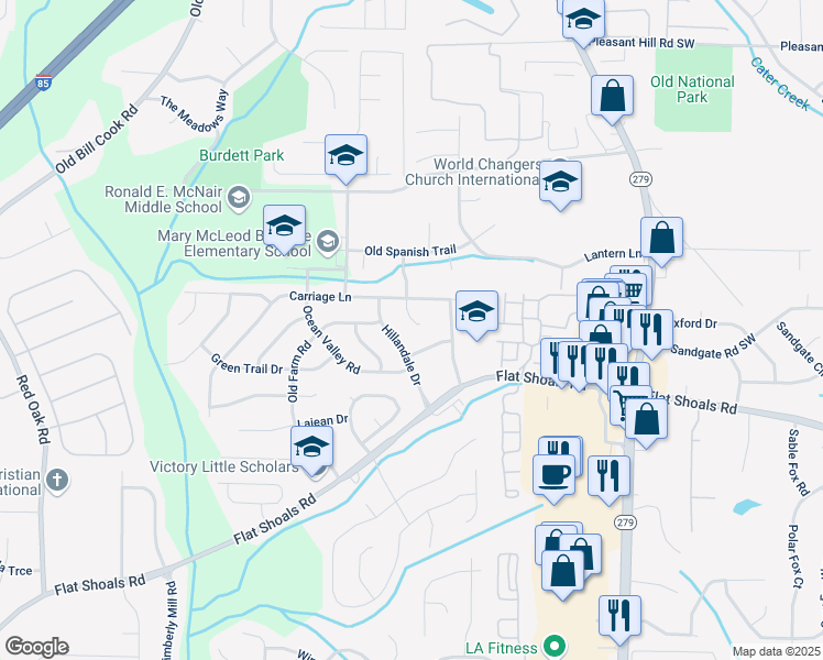 map of restaurants, bars, coffee shops, grocery stores, and more near 6056 Carriage Court in College Park
