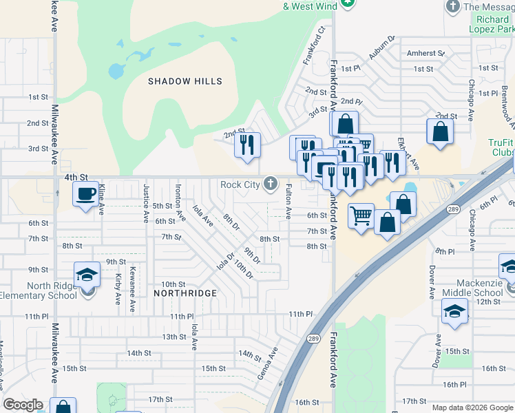 map of restaurants, bars, coffee shops, grocery stores, and more near 604 Iola Drive in Lubbock