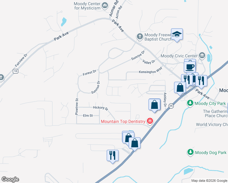 map of restaurants, bars, coffee shops, grocery stores, and more near 2205 Castle Hill Lane in Moody