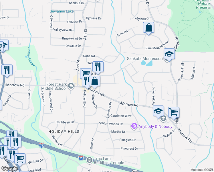 map of restaurants, bars, coffee shops, grocery stores, and more near 885 Slash Pine Road in Forest Park