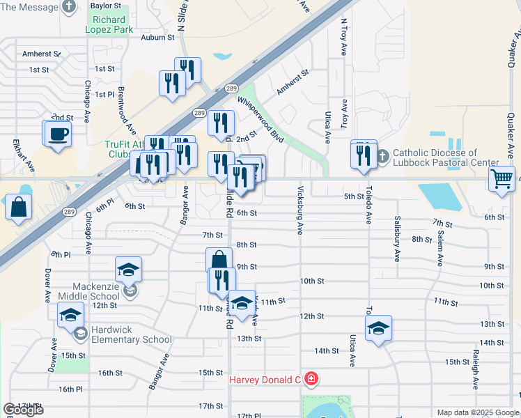 map of restaurants, bars, coffee shops, grocery stores, and more near 4924 6th Street in Lubbock