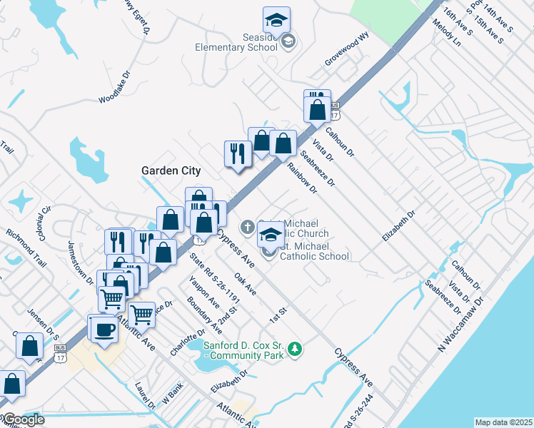 map of restaurants, bars, coffee shops, grocery stores, and more near 828 Main Sail Court in Murrells Inlet