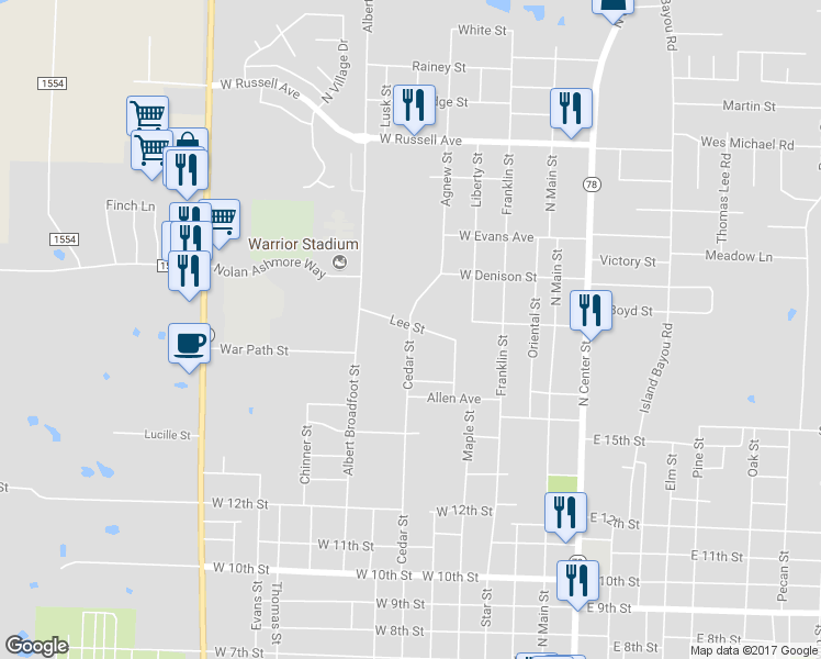 map of restaurants, bars, coffee shops, grocery stores, and more near 505 Lee Street in Bonham