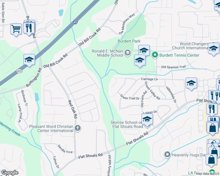 map of restaurants, bars, coffee shops, grocery stores, and more near 500 Cedar Wood Court Southwest in College Park