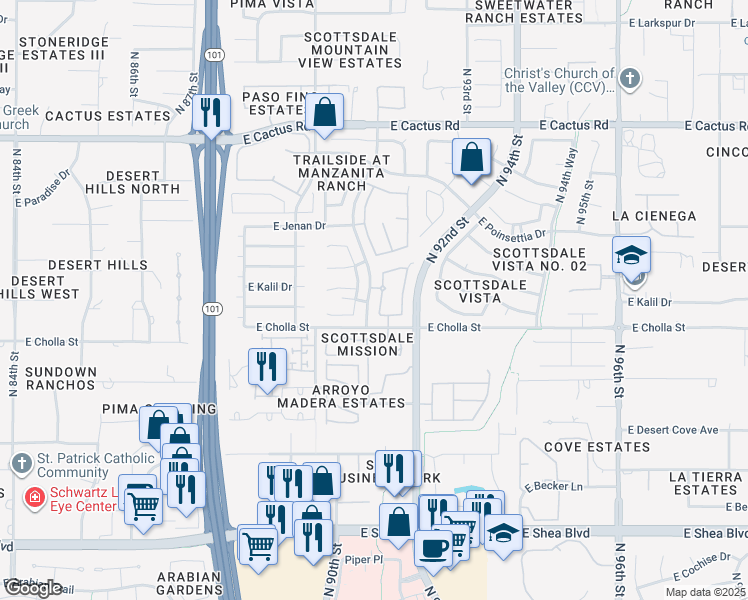map of restaurants, bars, coffee shops, grocery stores, and more near 11505 North 90th Way in Scottsdale