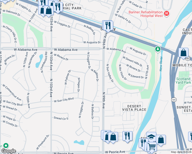 map of restaurants, bars, coffee shops, grocery stores, and more near 11801 North Balboa Drive in Sun City