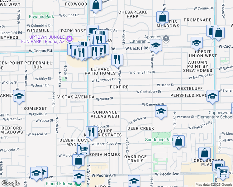 map of restaurants, bars, coffee shops, grocery stores, and more near 7309 West Canterbury Drive in Peoria