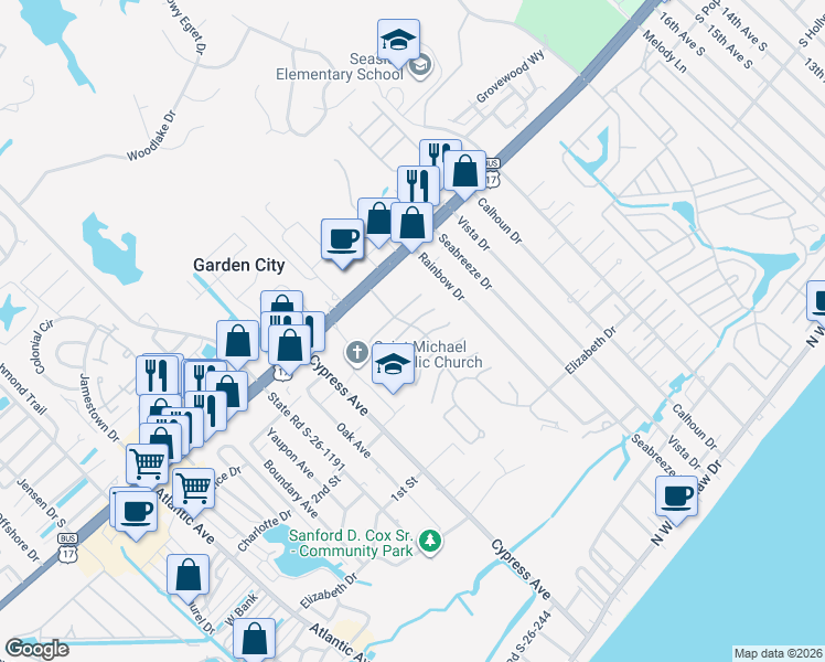 map of restaurants, bars, coffee shops, grocery stores, and more near 842 Marlin Court in Murrells Inlet