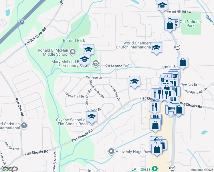 map of restaurants, bars, coffee shops, grocery stores, and more near 2752 Old Farm Road in Atlanta