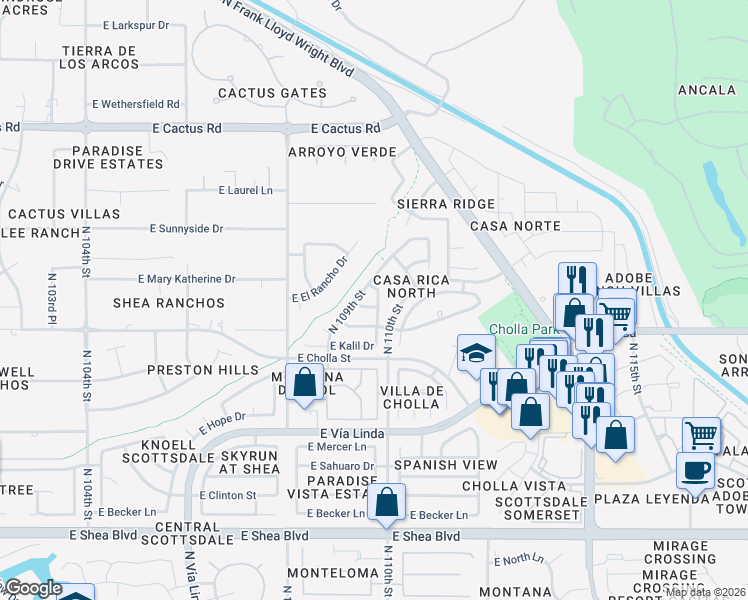 map of restaurants, bars, coffee shops, grocery stores, and more near 10963 East Altadena Drive in Scottsdale