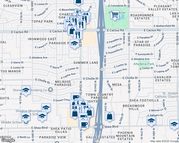 map of restaurants, bars, coffee shops, grocery stores, and more near 3235 East Cortez Street in Phoenix