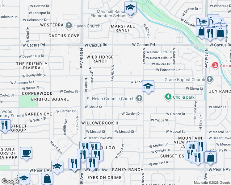 map of restaurants, bars, coffee shops, grocery stores, and more near 11450 North 57th Avenue in Glendale
