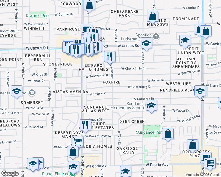 map of restaurants, bars, coffee shops, grocery stores, and more near 7309 West Canterbury Drive in Peoria