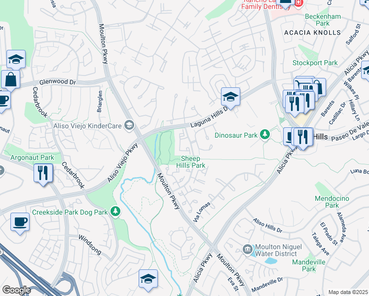 map of restaurants, bars, coffee shops, grocery stores, and more near 25621 Indian Hill Lane in Laguna Hills