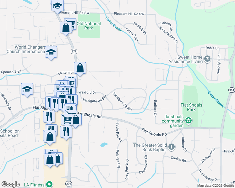 map of restaurants, bars, coffee shops, grocery stores, and more near 2245 Sandgate Road Southwest in Atlanta