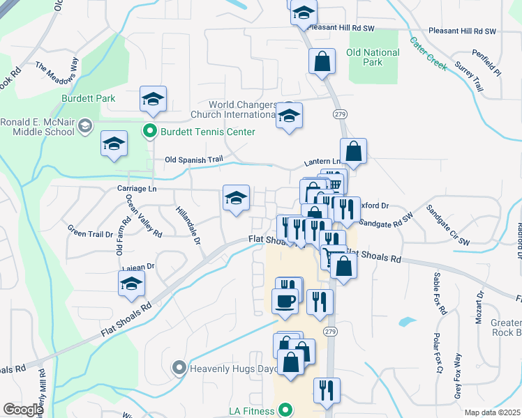 map of restaurants, bars, coffee shops, grocery stores, and more near 2555 Flat Shoals Road in Atlanta