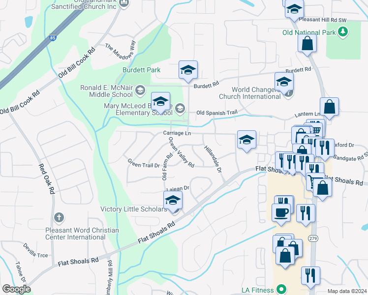 map of restaurants, bars, coffee shops, grocery stores, and more near 2788 Old Farm Road in Atlanta