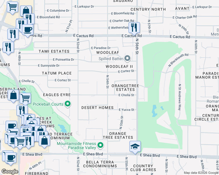 map of restaurants, bars, coffee shops, grocery stores, and more near 11425 North 54th Street in Scottsdale