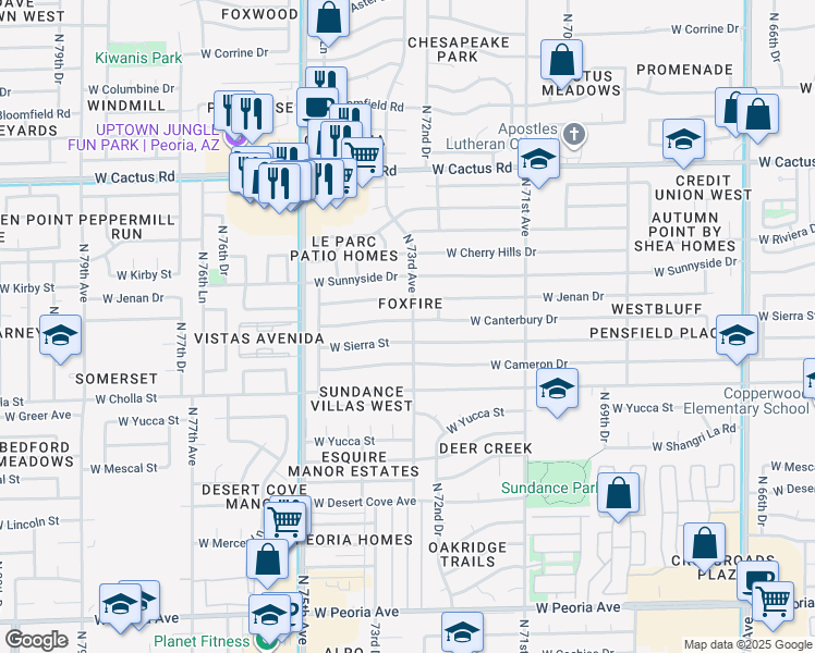map of restaurants, bars, coffee shops, grocery stores, and more near 7309 West Canterbury Drive in Peoria