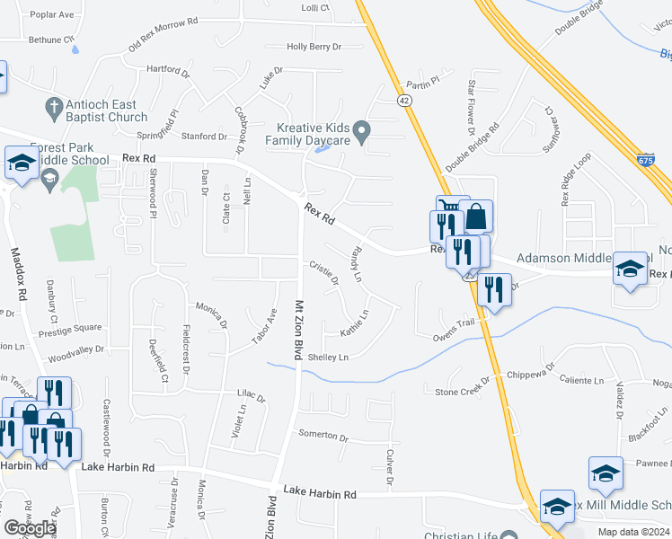 map of restaurants, bars, coffee shops, grocery stores, and more near 6010 Cristie Drive in Ellenwood