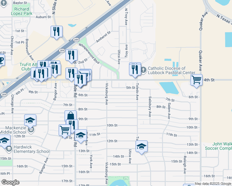 map of restaurants, bars, coffee shops, grocery stores, and more near 4824 6th Street in Lubbock