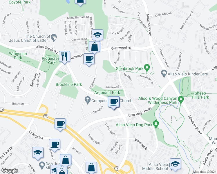 map of restaurants, bars, coffee shops, grocery stores, and more near 26 Rainwood in Aliso Viejo