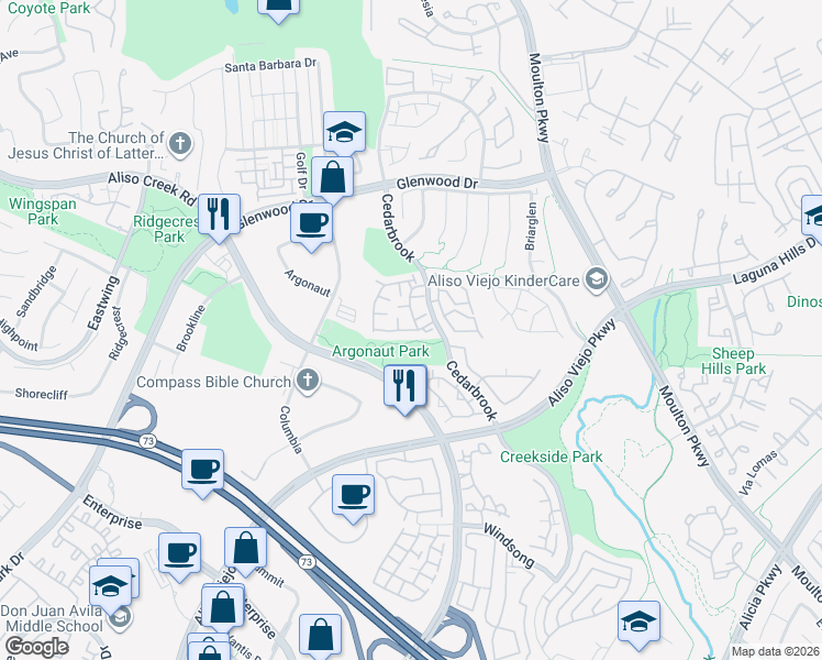 map of restaurants, bars, coffee shops, grocery stores, and more near 11 Summerwood in Aliso Viejo