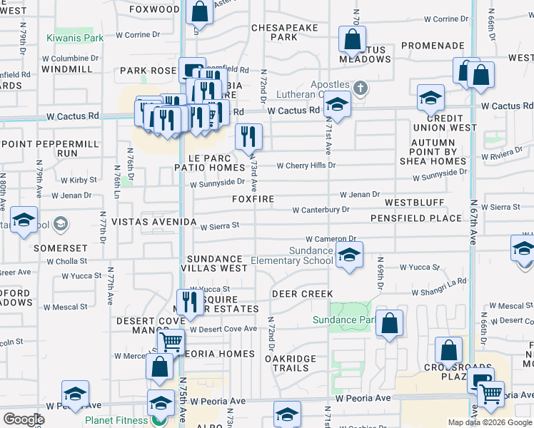 map of restaurants, bars, coffee shops, grocery stores, and more near 7231 West Canterbury Drive in Peoria