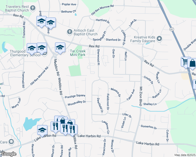map of restaurants, bars, coffee shops, grocery stores, and more near 6011 Landover Circle in Morrow