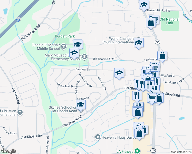 map of restaurants, bars, coffee shops, grocery stores, and more near 6036 Hillandale Drive in Atlanta