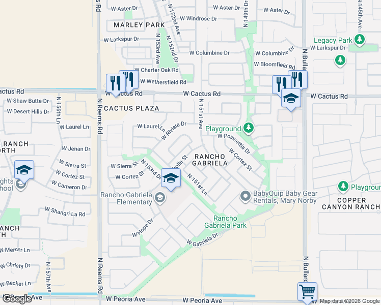 map of restaurants, bars, coffee shops, grocery stores, and more near 15145 West Cameron Drive in Surprise