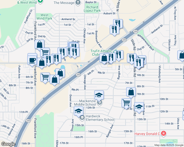 map of restaurants, bars, coffee shops, grocery stores, and more near 5455 6th Place in Lubbock