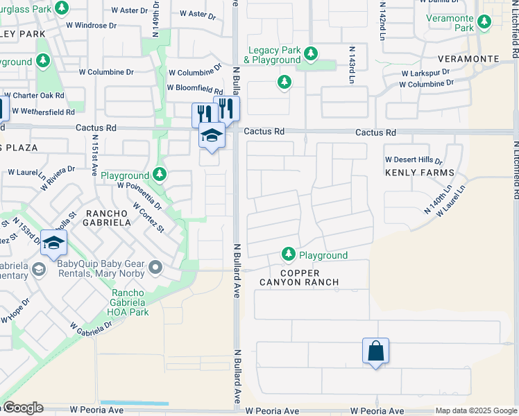 map of restaurants, bars, coffee shops, grocery stores, and more near 14589 West Poinsettia Drive in Surprise